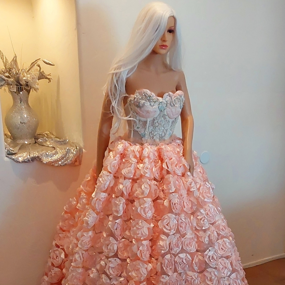 Sample Gown Only "BLOOM" Blush Ivory & Mint 3D Rosette Wedding Gown Set